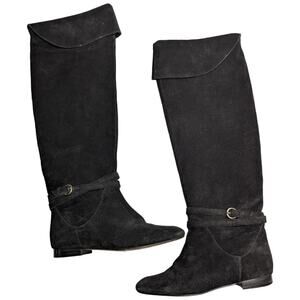 Bettye Muller Anthropologie Black Suede Fold Top Over the Knee Flat Boots 37.5 7